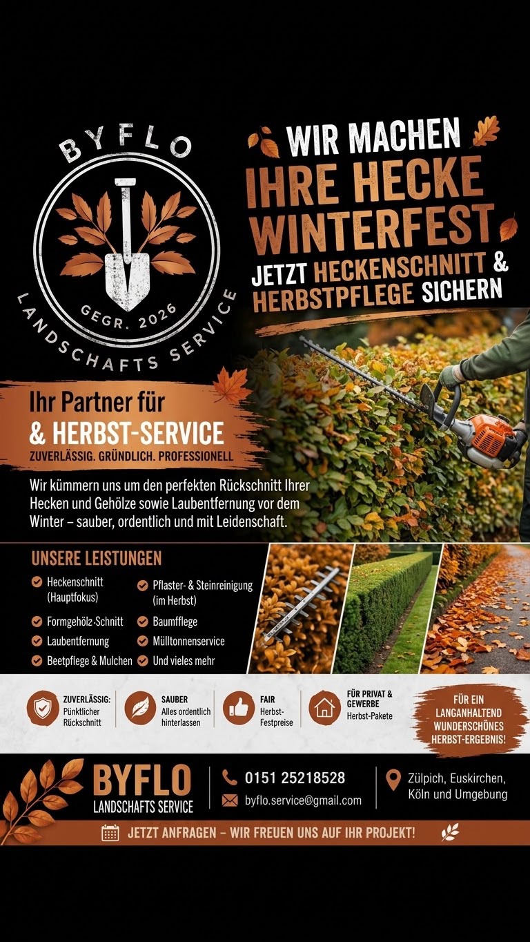 BYFLO Herbstaktion: Wir machen Ihre Hecke winterfest – jetzt Heckenschnitt & Herbstpflege sichern